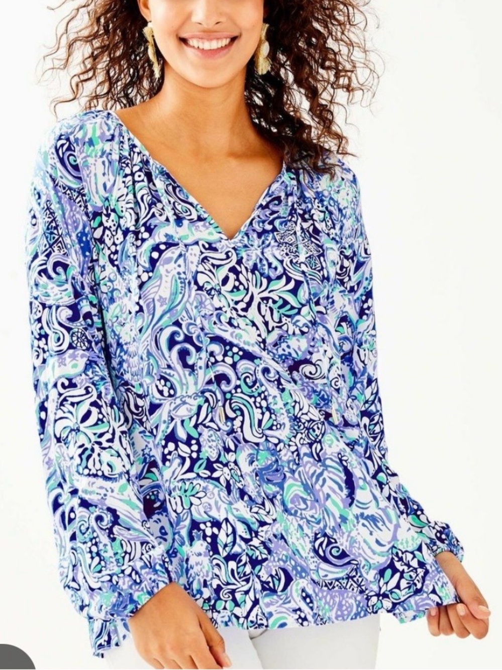 Lilly Pulitzer Willa Coastal Print Long Sleeve Blouse Top XL Bay Blue